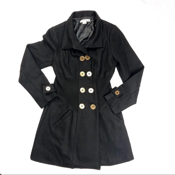 Lovestitch Coat Women's S Black Ribbed Waist Double Breasted - Picture 2 of 11